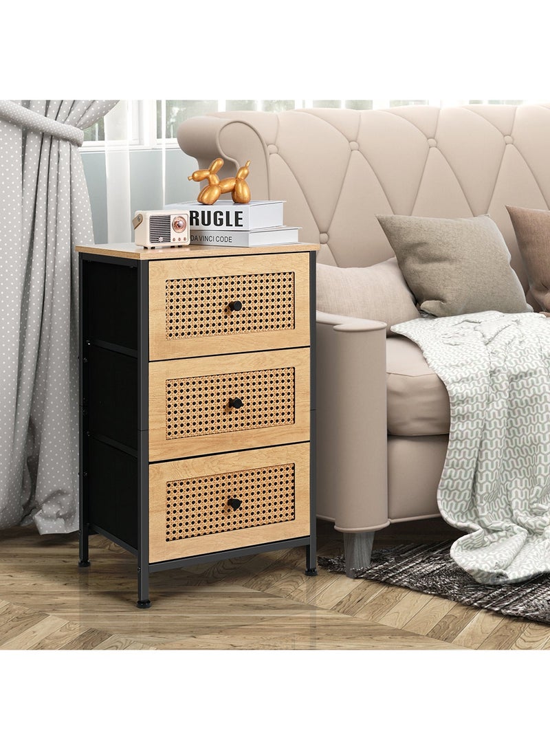 أولييرو طاولة جانبية من راتان PVC مع 3 أدراج قماشية قابلة للإزالة – تخزين متعدد الاستخدامات لغرفة النوم، غرفة المعيشة، المكتب وغرفة الأطفال، 40 × 30 × 65 سم، لون خشبي - Image 5